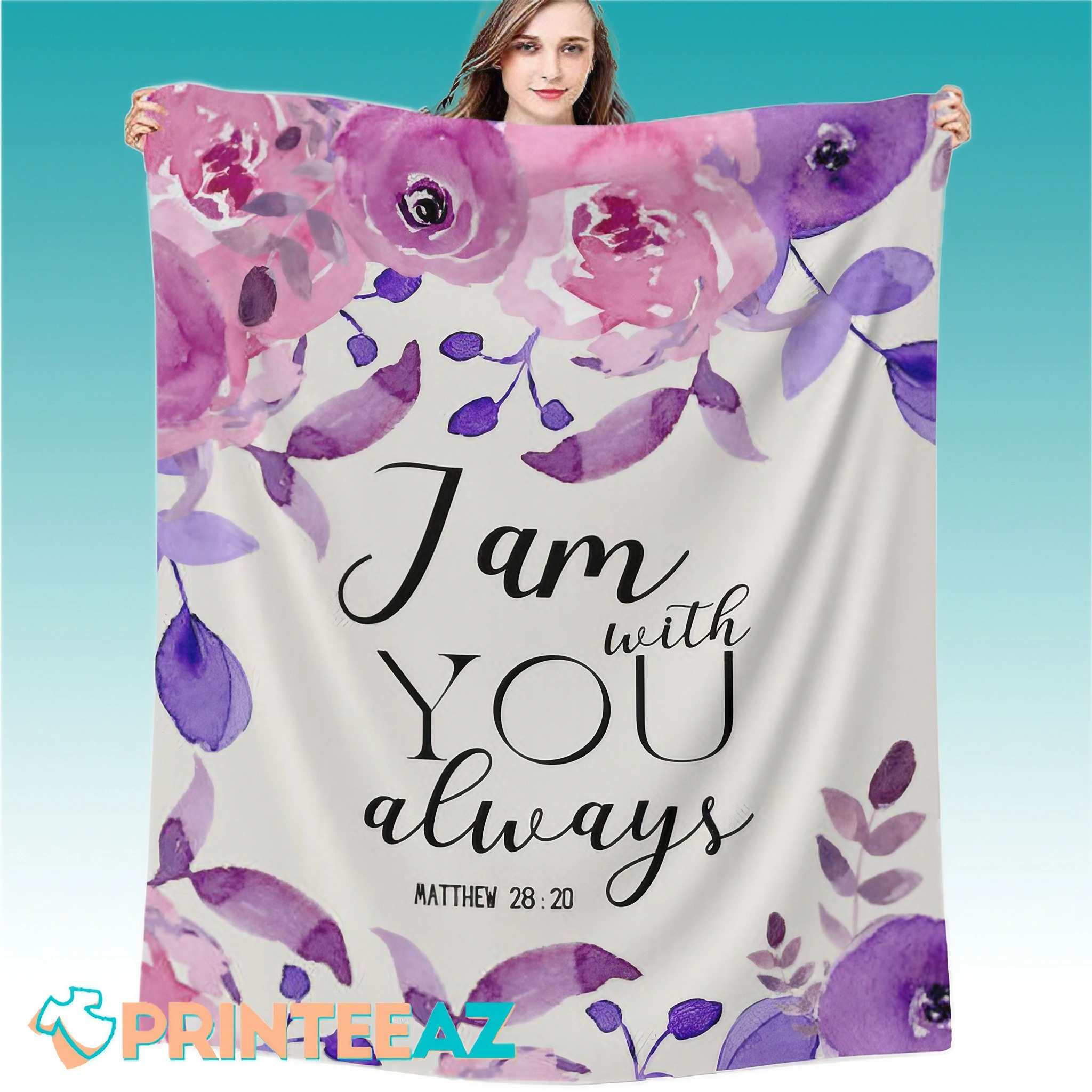 I Am With You Always Matthew 28-20 Bible Verse Fleece Throw Quilt Blanket With Black Text, Pink And Purple Flowers