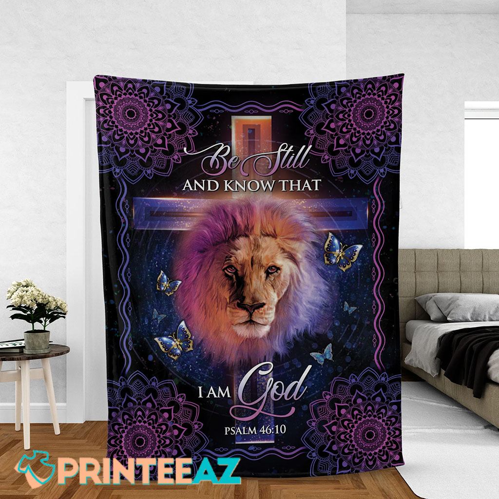 I And Know That I Am God Lion Psalm 4610 Bible Verse Flower Fleece Throw Quilt Blanket With Galaxy And Butterfly - PrinteeAZ