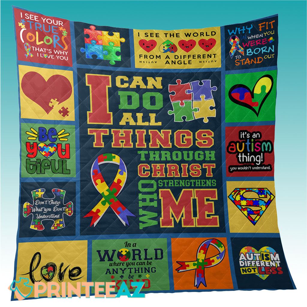 I Can Do All Things Through Christ Autism Awareness Fleece Throw Quilt Blanket With Ribbon - PrinteeAZ