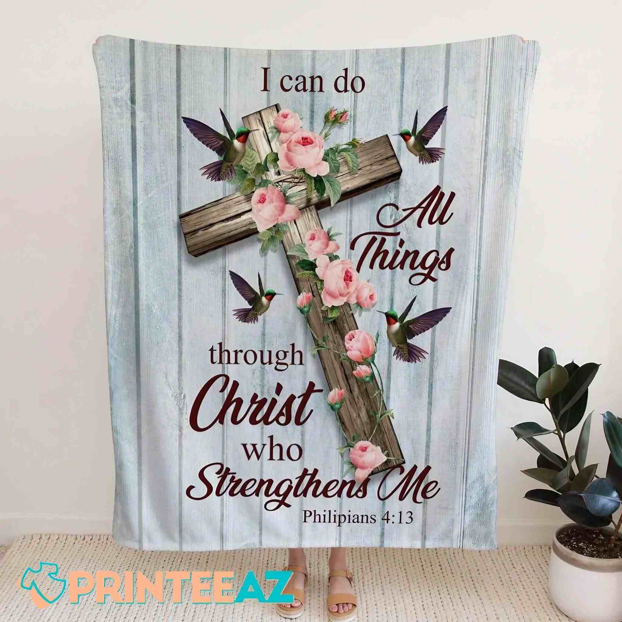 I Can Do All Things Through Christ Bible Verse Fleece Throw Quilt Blanket With Cross And Flowers - PrinteeAZ