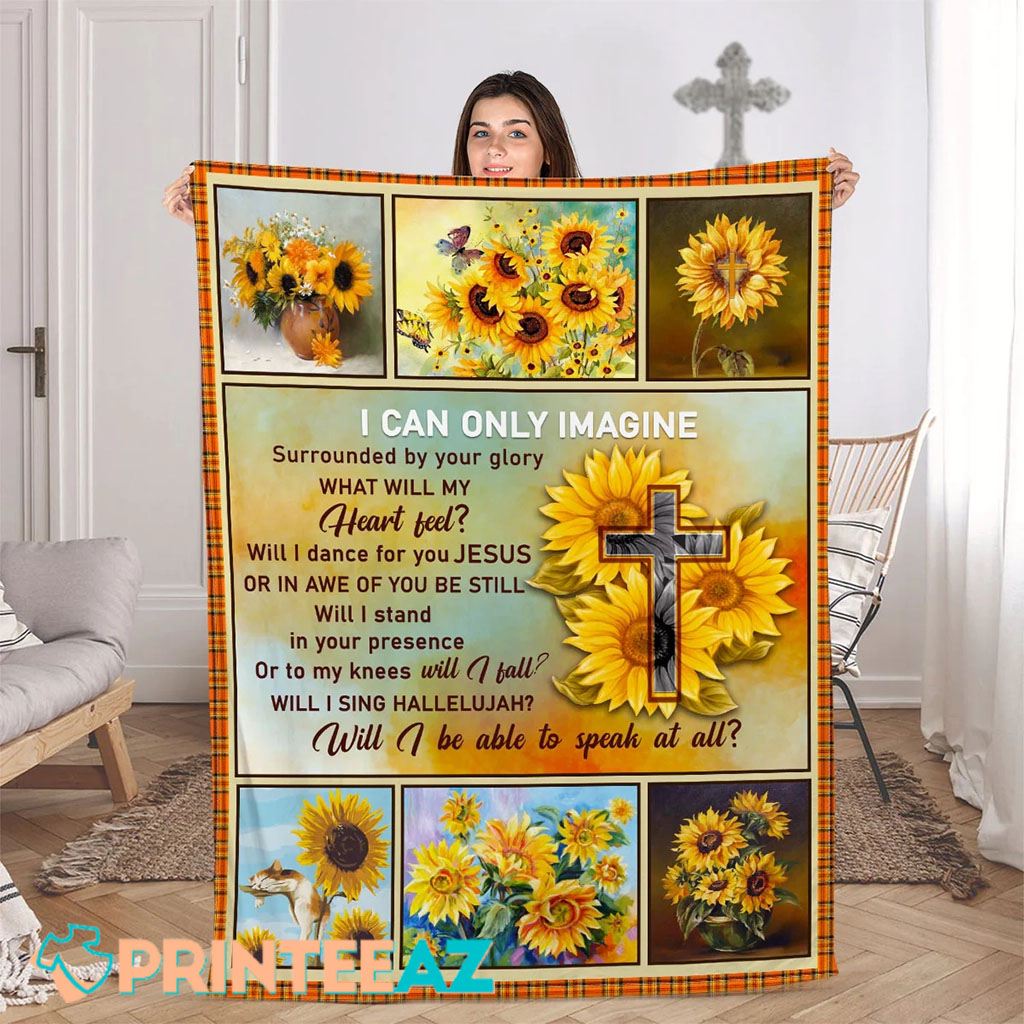 I Can Only Imagine Sunflower Field And Cat Fleece Throw Quilt Blanket With Butterfly And Cross - PrinteeAZ