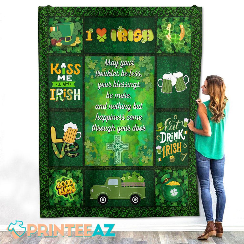 I Love Irish St Patrick_s Day Fleece Throw Quilt Blanket With Shamrock And Pot Of Gold - PrinteeAZ