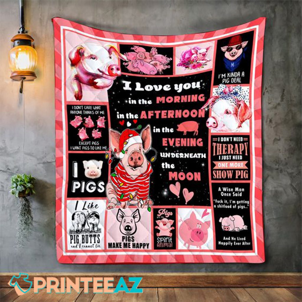 I Love Pig Lovers Pet Morning Aftenoon Evening Moon Valentine Fleece Throw Quilt Blanket, Black Pink With Hearts - PrinteeAZ