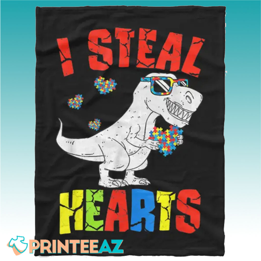 I Steal Hearts Autism Awareness Fleece Throw Quilt Blanket With Dinosaur - PrinteeAZ