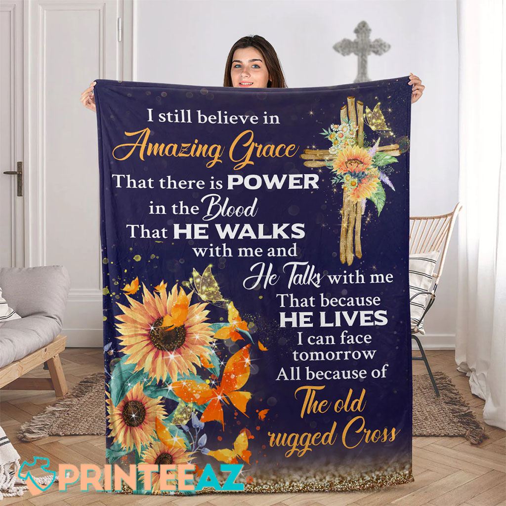 I Still Believe In Amazing Grace The Old Rugged Cross Fleece Throw Quilt Blanket With Beautiful Sunflower And Glitter - PrinteeAZ