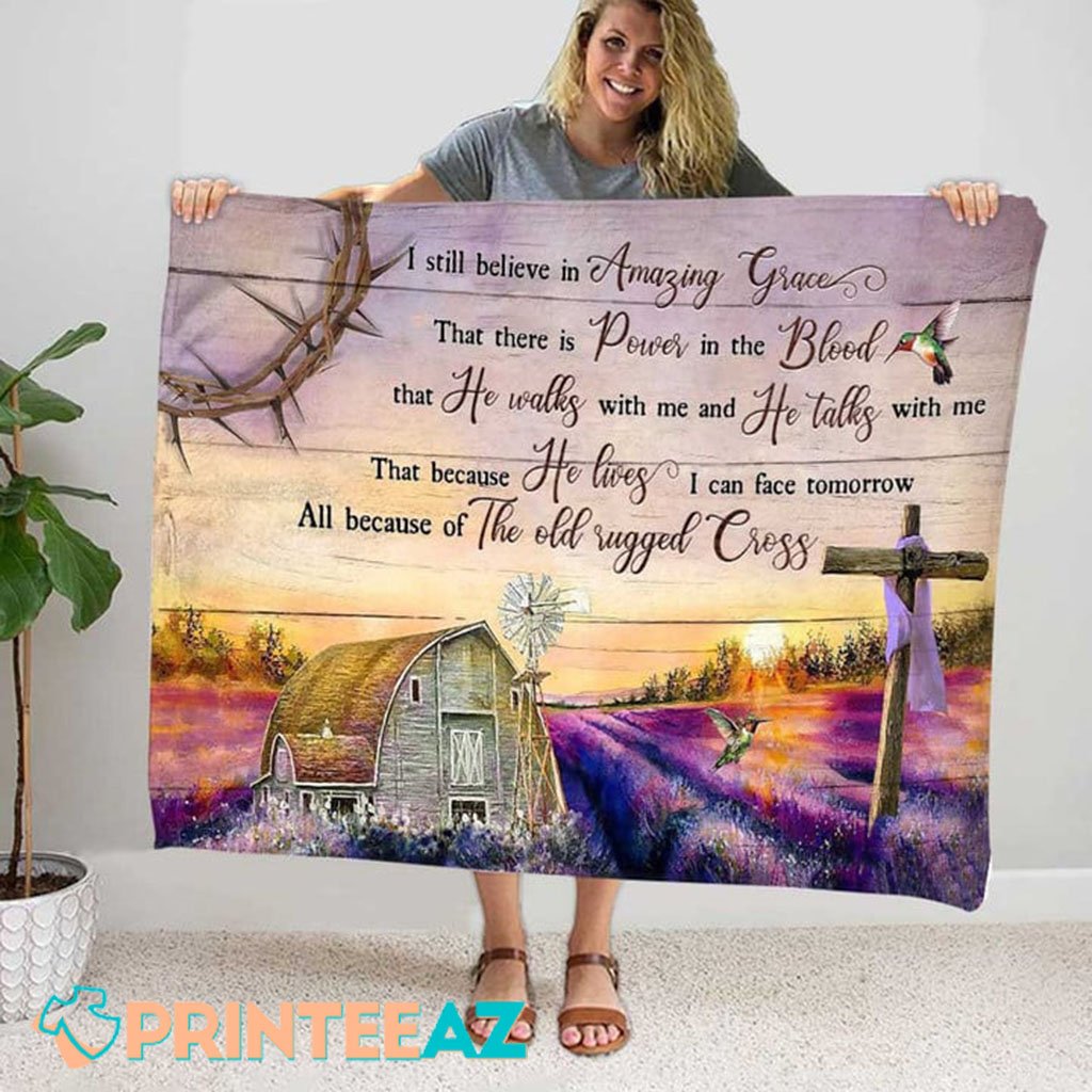 I Still Believe In Amazing Grace The Old Rugged Cross Fleece Throw Quilt Blanket With Purple Sunset Farmhouse And Crown Of Thorns - PrinteeAZ