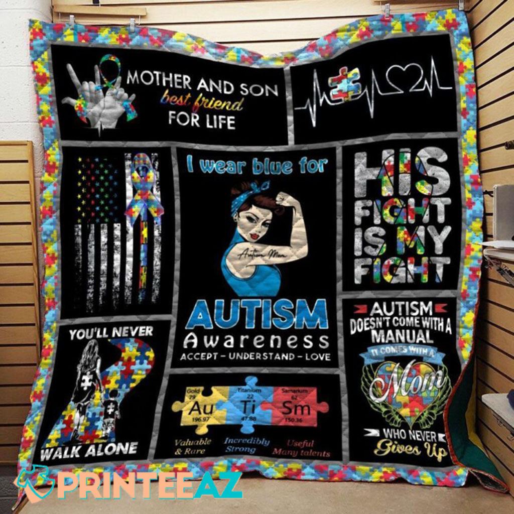 I Wear Blue For Autism Awareness Fleece Throw Quilt Blanket With Puzzle Pieces - PrinteeAZ