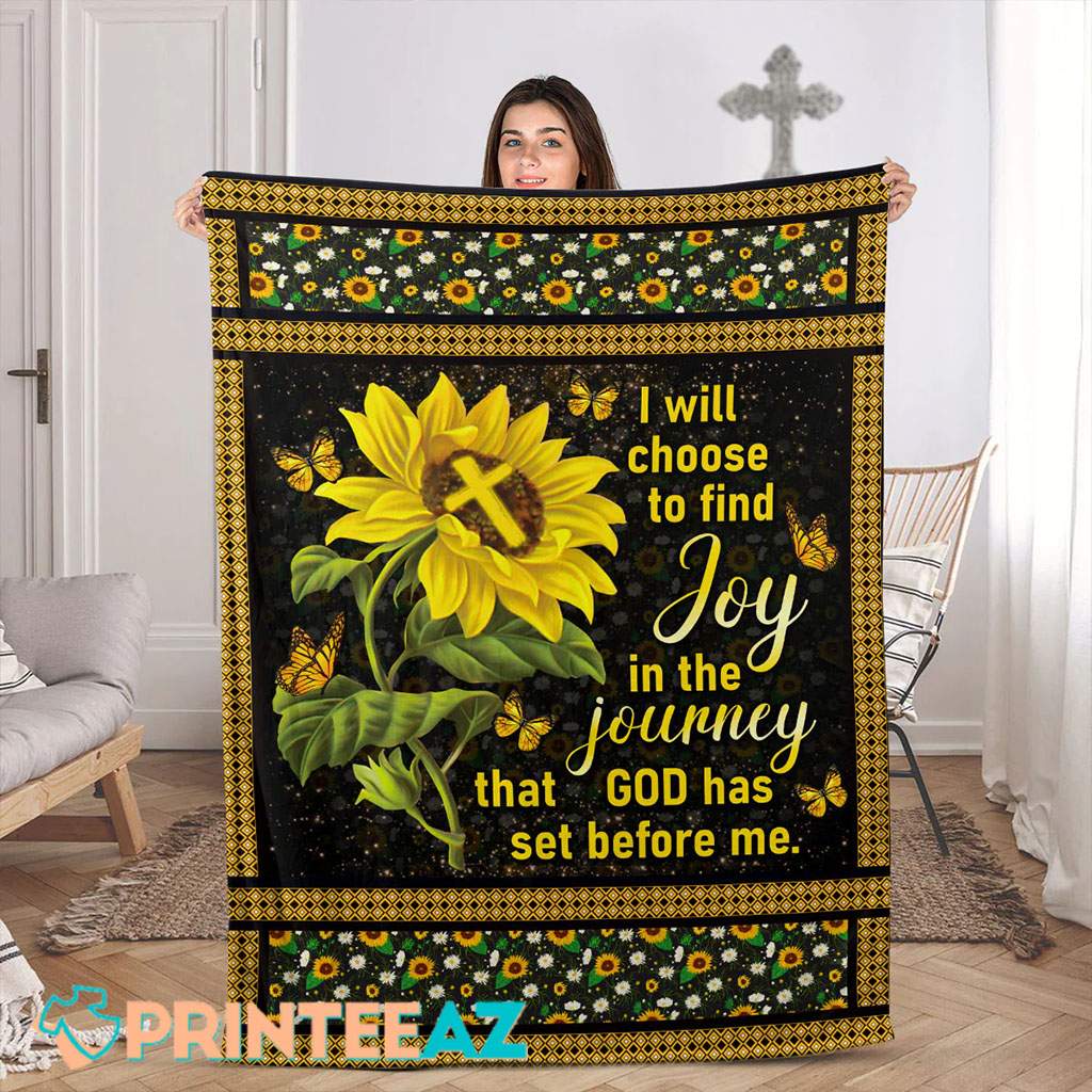 I Will Choose To Find Joy In The Journey Sunflower And Cross Fleece Throw Quilt Blanket With Yellow Text And Butterfly - PrinteeAZ