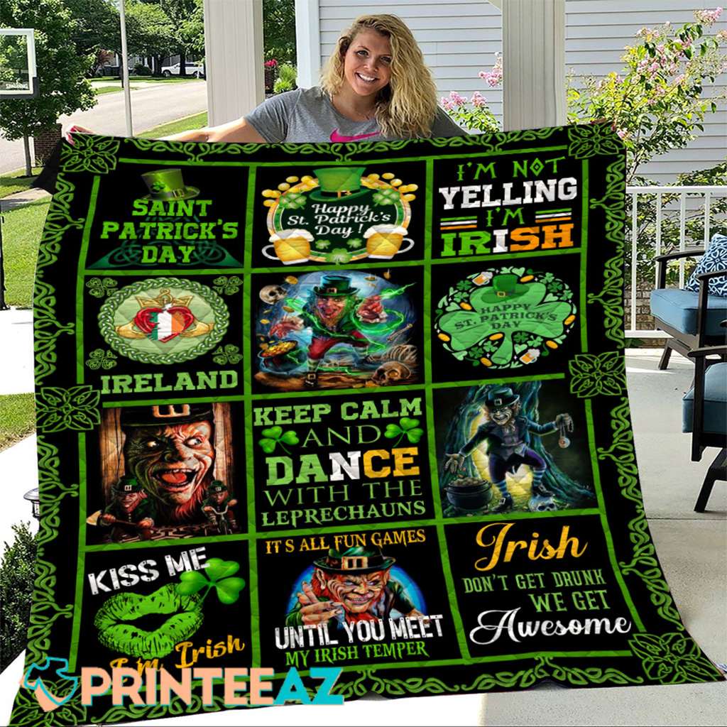 I_m Not Yelling I_m Irish St Patrick_s Day Fleece Throw Quilt Blanket Black, Green With Leprechauns And Shamrocks - PrinteeAZ