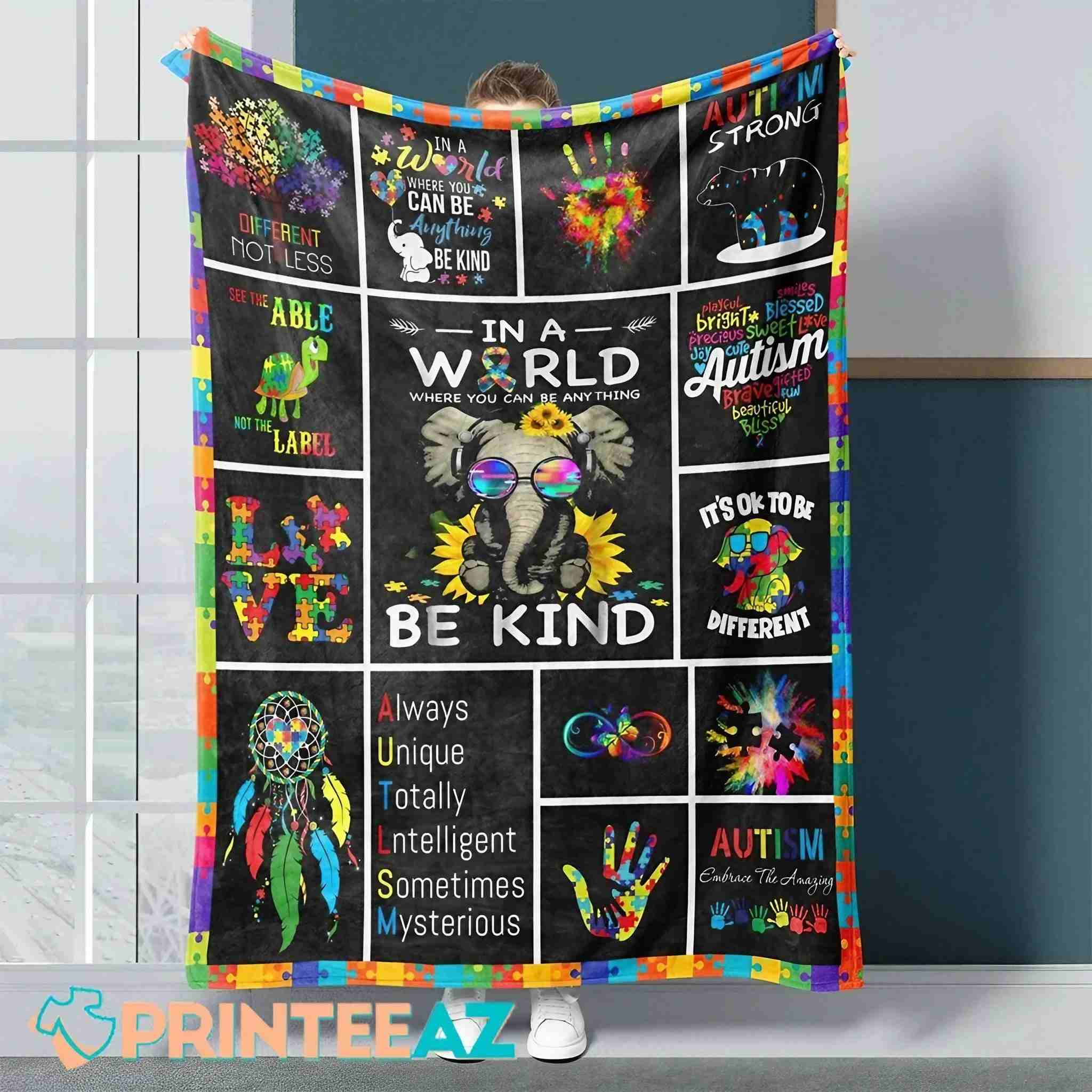 In A World Be Kind Autism Awareness Fleece Throw Quilt Blanket With Elephant - PrinteeAZ