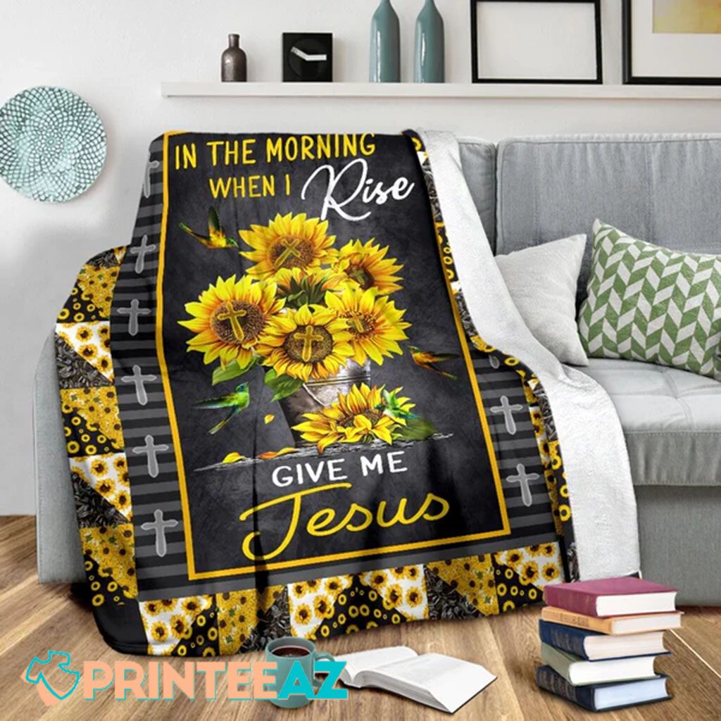 In The Morning When I Rise Give Me Jesus Fleece Throw Quilt Blanket With Hummingbird And Sunflower Cross - PrinteeAZ