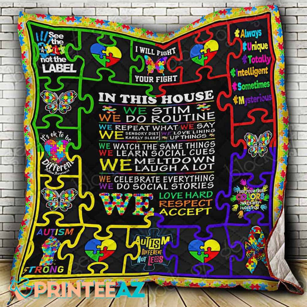 In This House We Do Autism Awareness Fleece Throw Quilt Blanket With Puzzle Pieces - PrinteeAZ