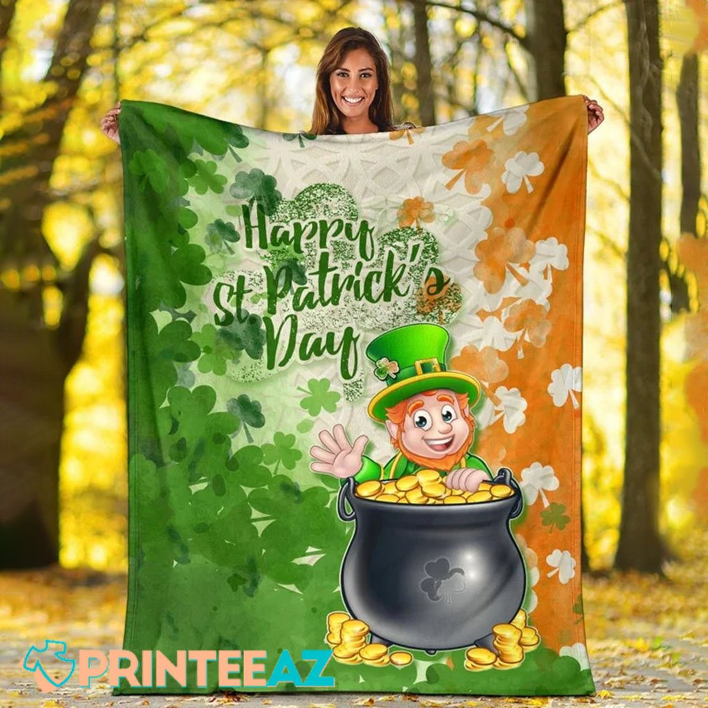 Ireland Celtic St Patrick_s Day Fleece Throw Quilt Blanket With Leprechaun And Pot Of Gold - PrinteeAZ