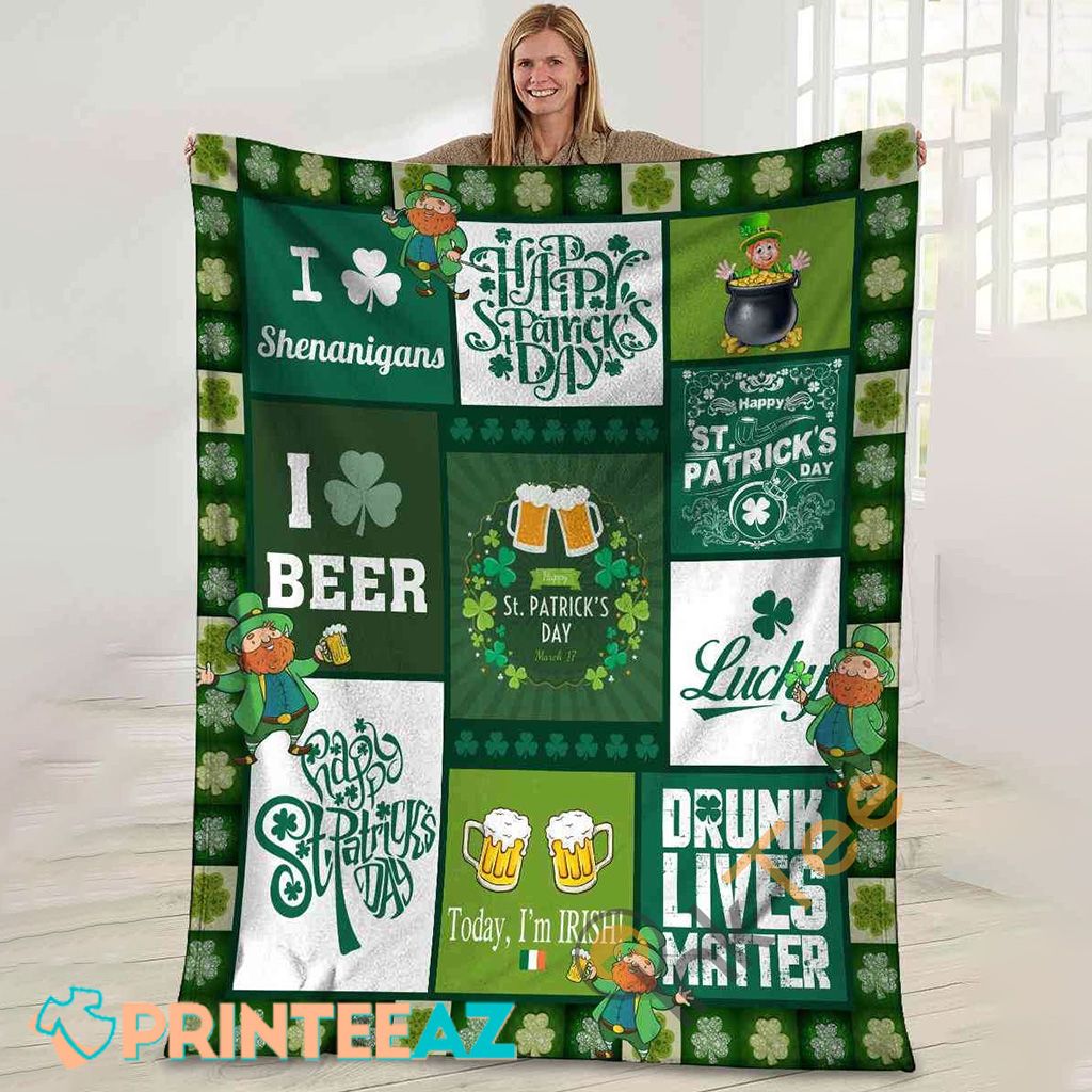 Irish Beer St Patrick_s Day Fleece Throw Quilt Blanket With Irish Clover, Pot Of Gold - PrinteeAZ