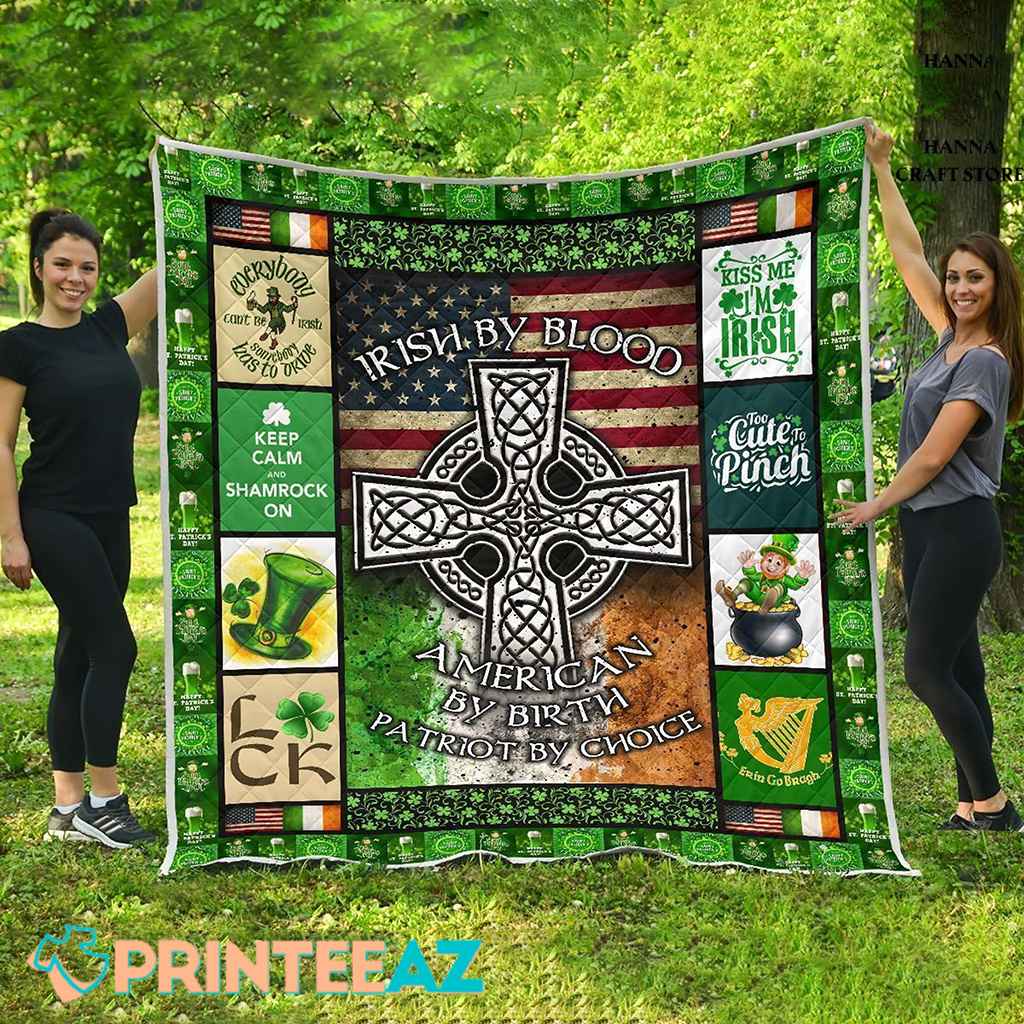 Irish By Blood St Patrick_s Day Fleece Throw Quilt Blanket Green With Shamrocks, Pot Of Gold And Leprechauns - PrinteeAZ