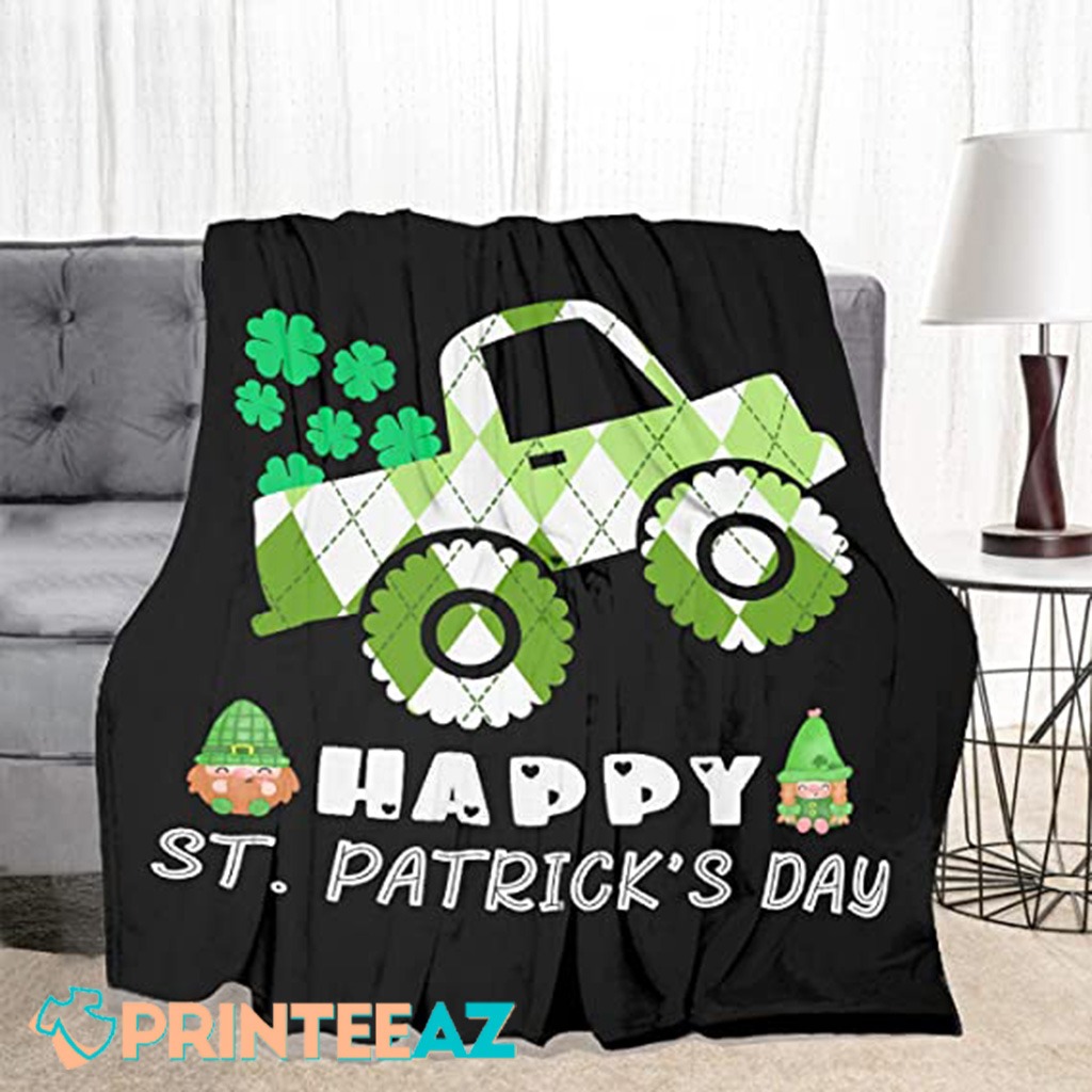 Irish Car St Patrick_s Day Fleece Throw Quilt Blanket Black With Gnomies - PrinteeAZ