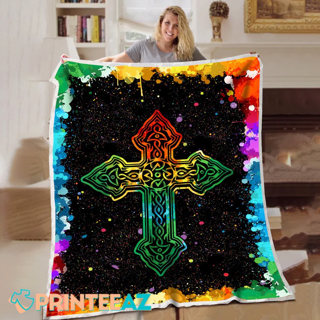 Irish Cross Watercolor St Patrick_s Day Fleece Throw Quilt Blanket Black And Glitter - PrinteeAZ