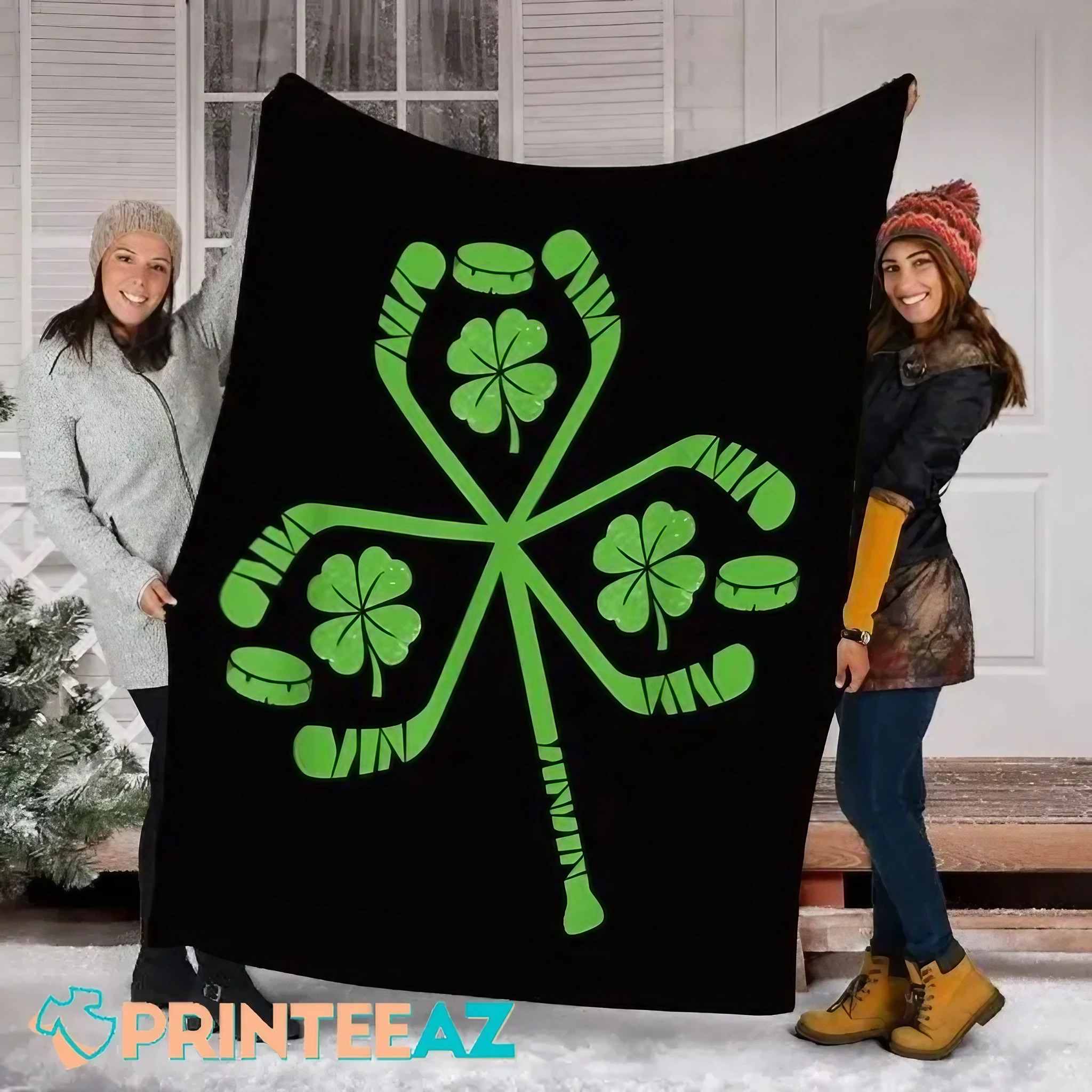 Irish Hockey St Patrick_s Day Fleece Throw Quilt Blanket With Shamrocks - PrinteeAZ