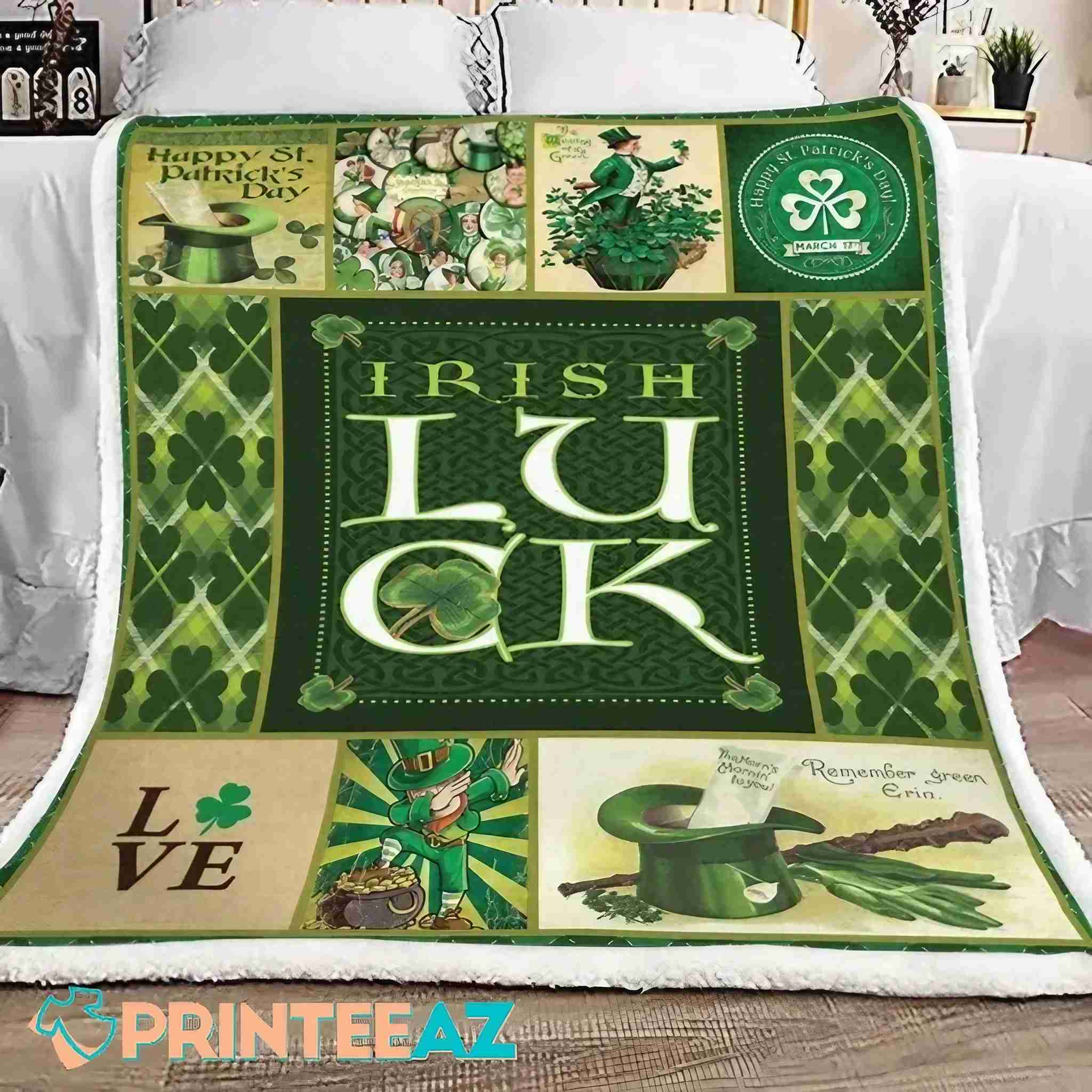 Irish Luck St Patrick_s Day Fleece Throw Quilt Blanket With Leprechaun And Shamrock - PrinteeAZ