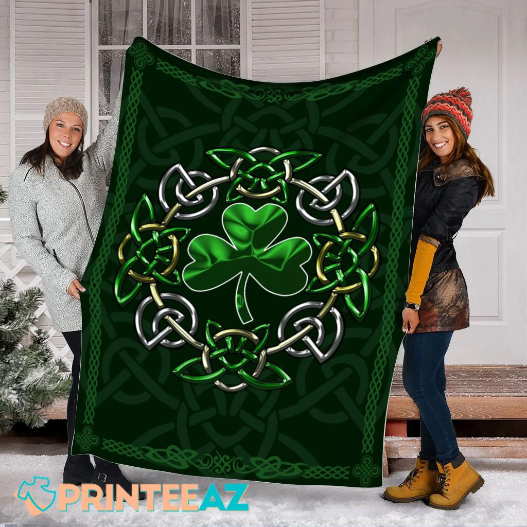 Irish Shamrock Celtic Knot St Patrick_s Day Fleece Throw Quilt Blanket With Black And Green - PrinteeAZ