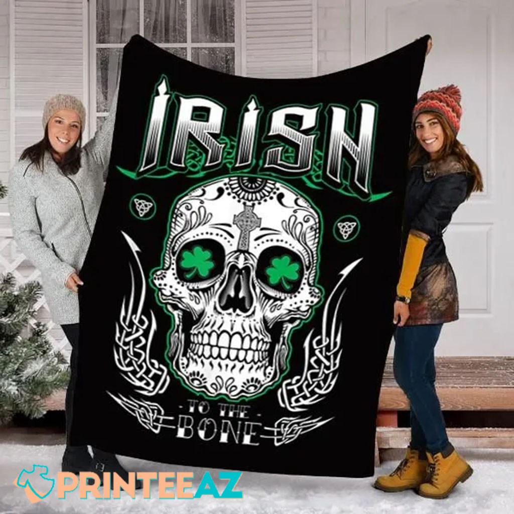 Irish Sugar Skull St Patrick_s Day Fleece Throw Quilt Blanket With Shamrocks - PrinteeAZ