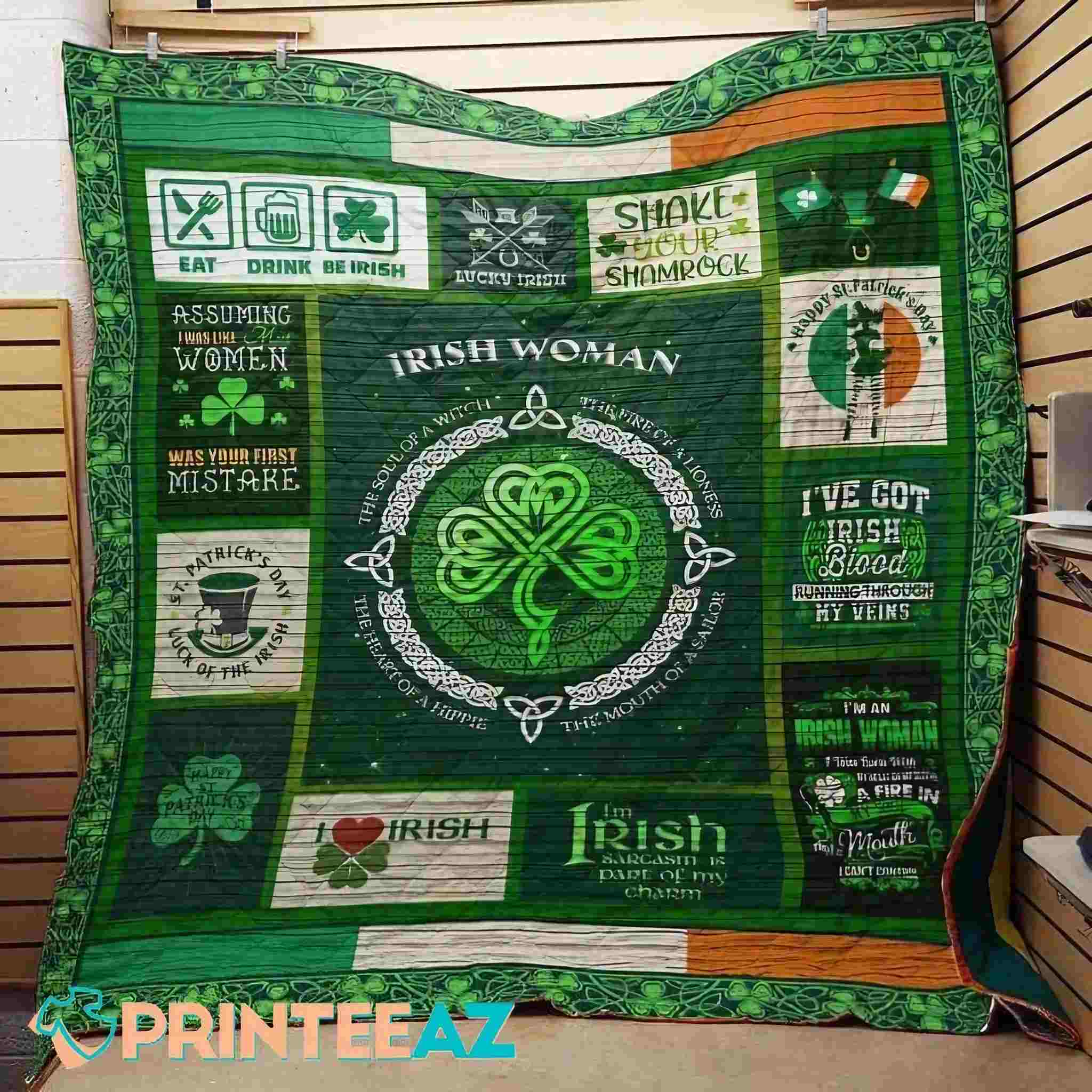 Irish Woman St Patrick_s Day Fleece Throw Quilt Blanket With Irish Flag - PrinteeAZ