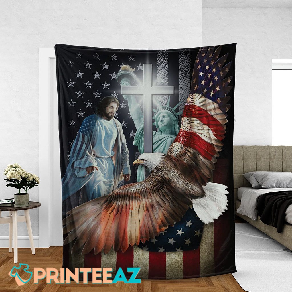 Jesus And Bald Eagle American Flag Fleece Throw Quilt Blanket With Cross - PrinteeAZ