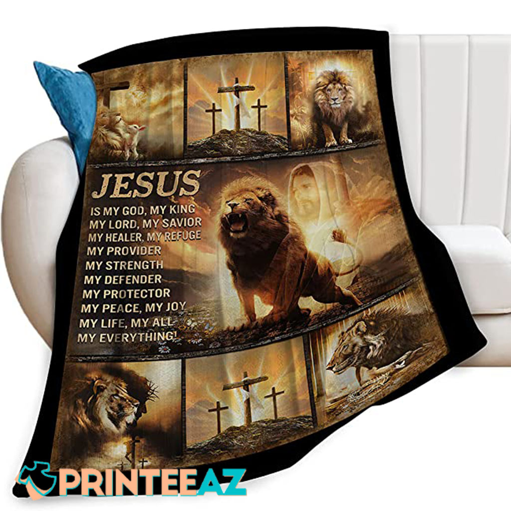 Jesus Is My Everything Fleece Throw Quilt Blanket With Lion And Cross - PrinteeAZ