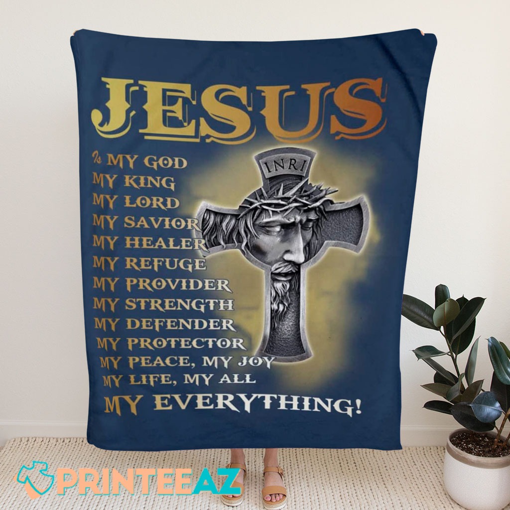 Jesus Is My God My King Quote Fleece Throw Quilt Blanket With Cross, Jesus Face, Gold And White Text - PrinteeAZ