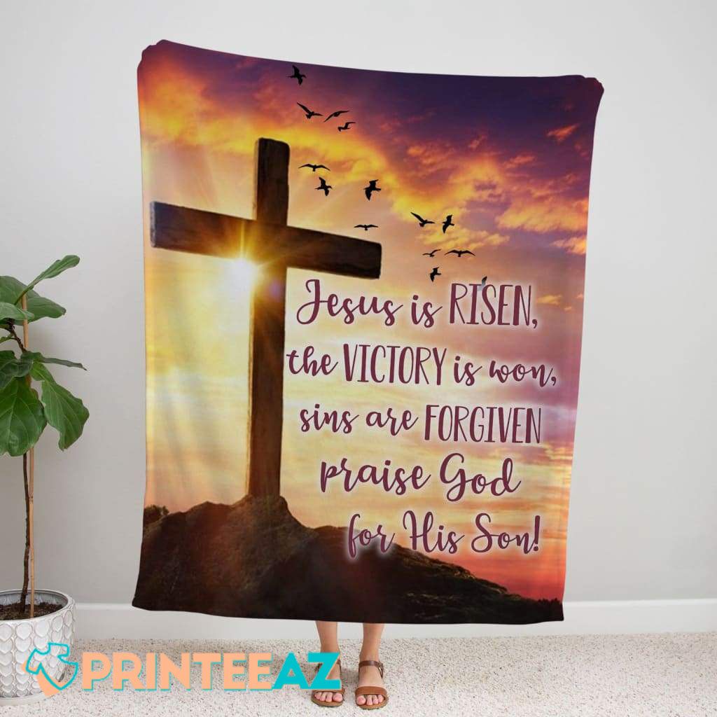 Jesus Is Risen Fleece Throw Quilt Blanket Sunset With Cross, Bird - PrinteeAZ