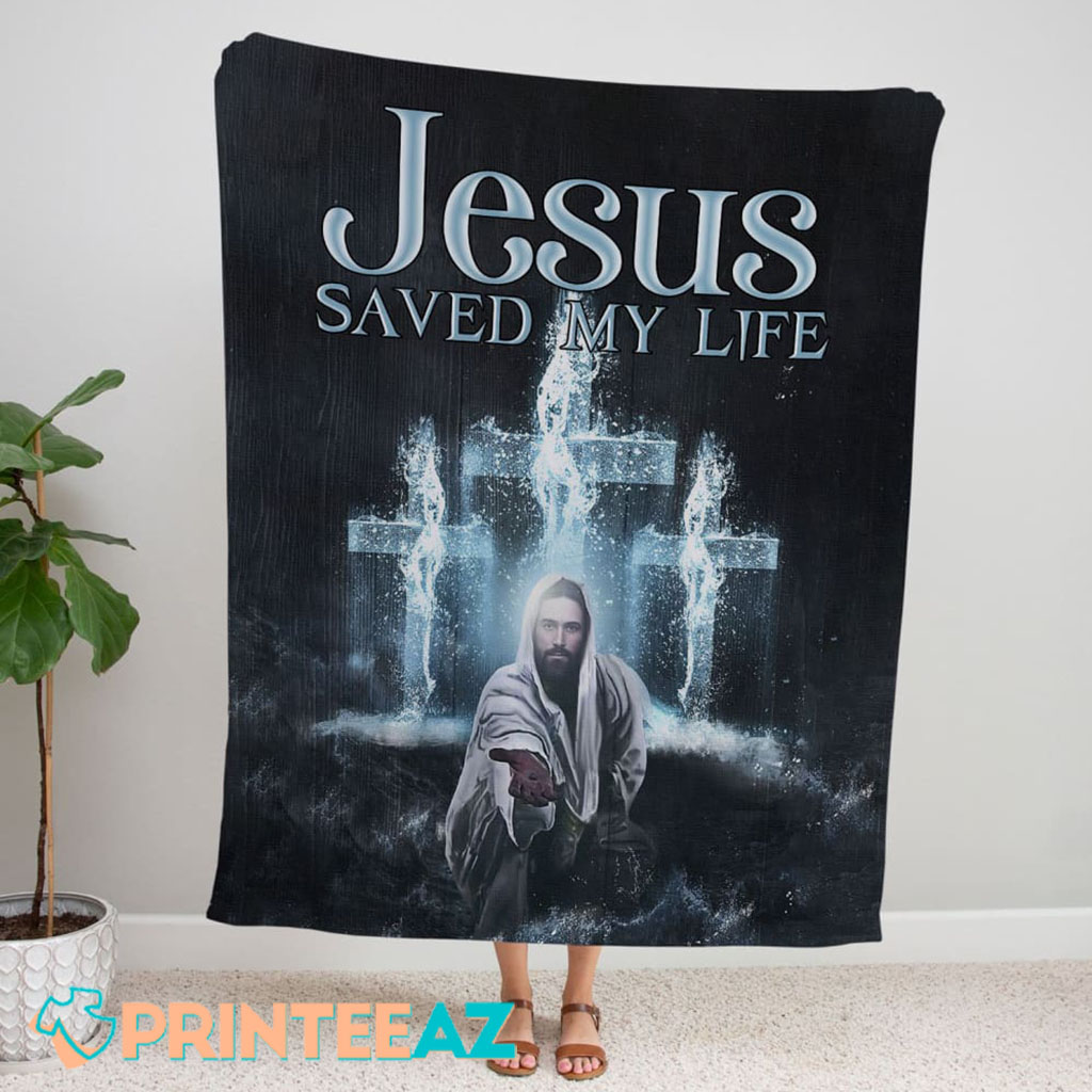 Jesus Saved My Life Fleece Throw Quilt Blanket With Cross And Blue Text - PrinteeAZ