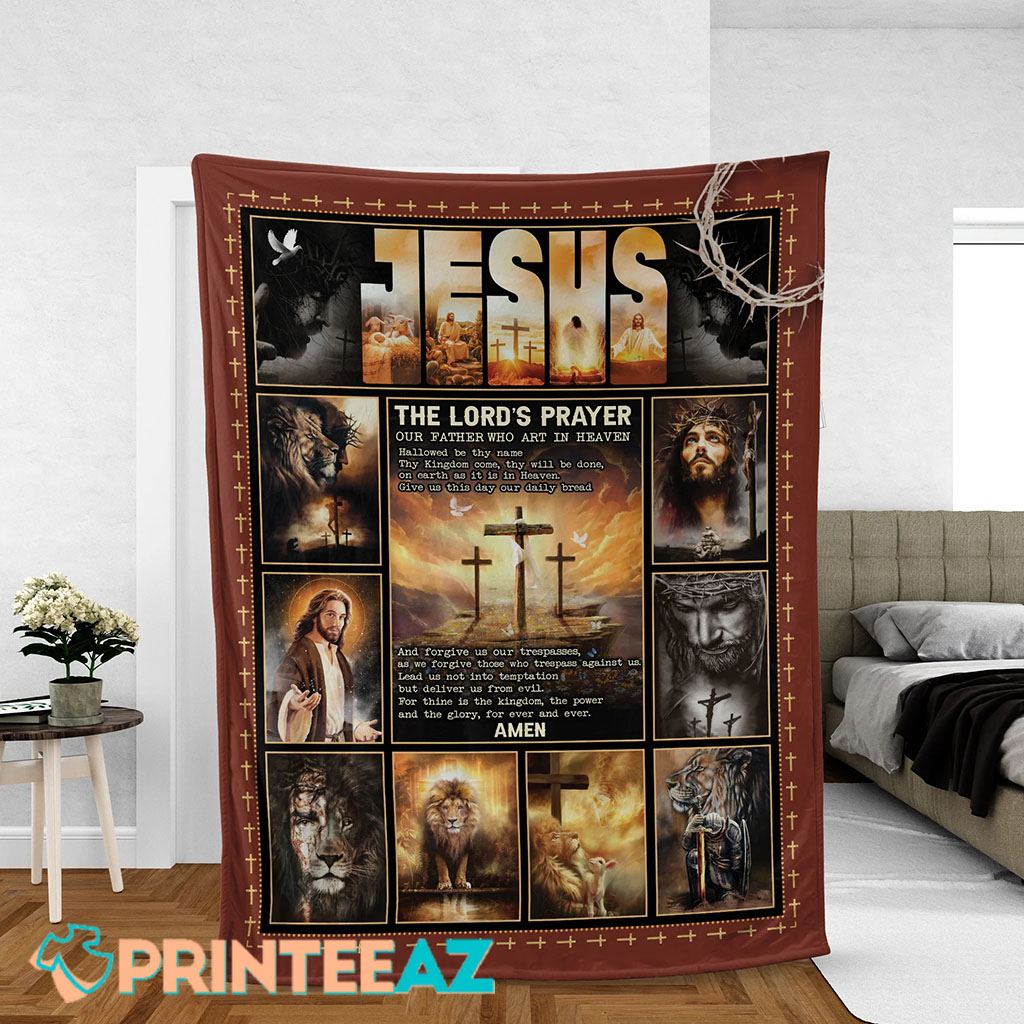 Jesus The Lord_s Prayer The Lion Of Judah Fleece Throw Quilt Blanket With Crown Of Thorns - PrinteeAZ