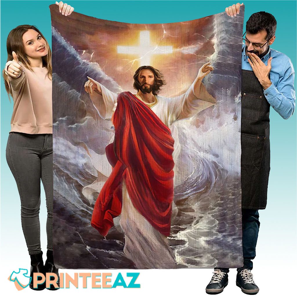 Jesus Walks On Water Fleece Throw Quilt Blanket With Cross - PrinteeAZ