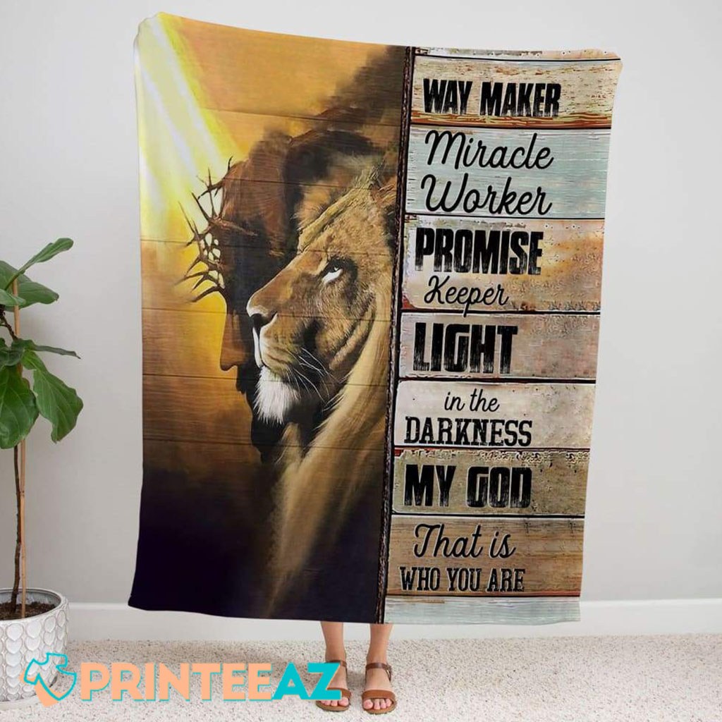 Jesus Way Maker Fleece Throw Quilt Blanket With Lion Of Judah And Black Text - PrinteeAZ