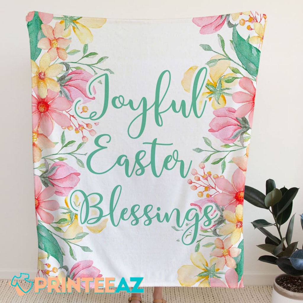 Joyful Easter Blessings Fleece Throw Quilt Blanket White Green Text, Flower - PrinteeAZ