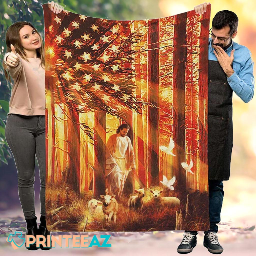 Lamb Of God American Flag Fleece Throw Quilt Blanket With Sun Shining Through Tree - PrinteeAZ