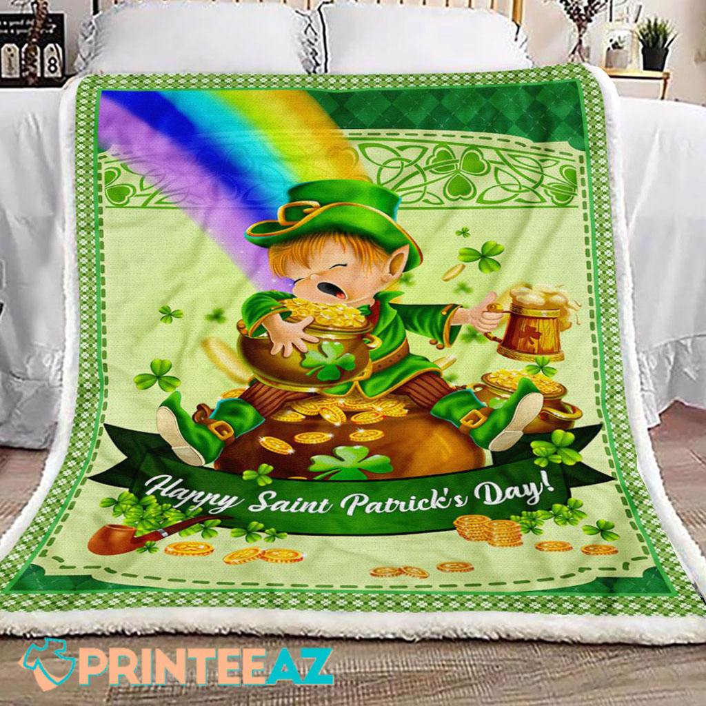 Leprechaun Happy St Patrick_s Day Fleece Throw Quilt Blanket With Rainbow - PrinteeAZ