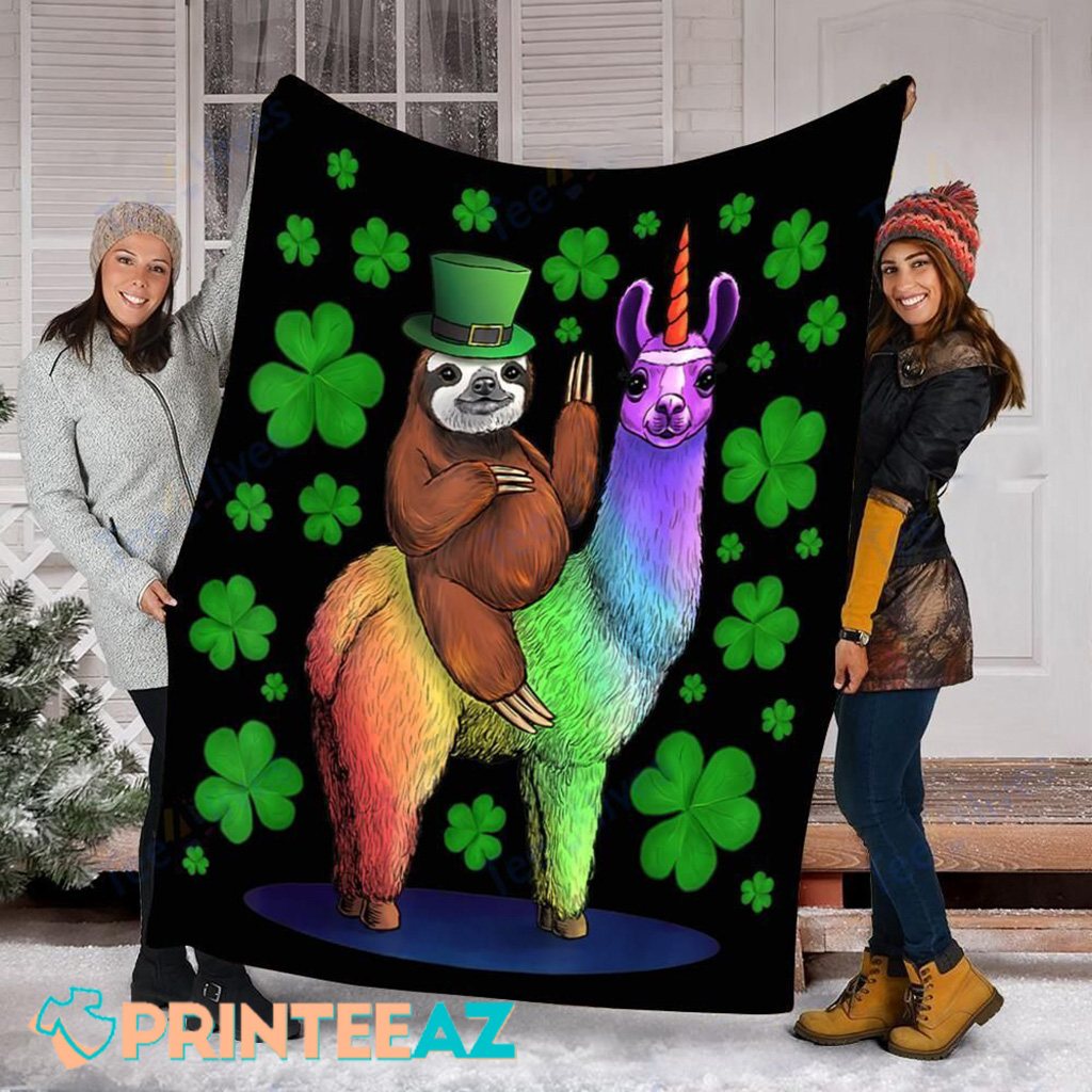 Leprechaun Sloth Riding Llama Unicorn St Patrick_s Day Fleece Throw Quilt Blanket Black With Shamrocks - PrinteeAZ