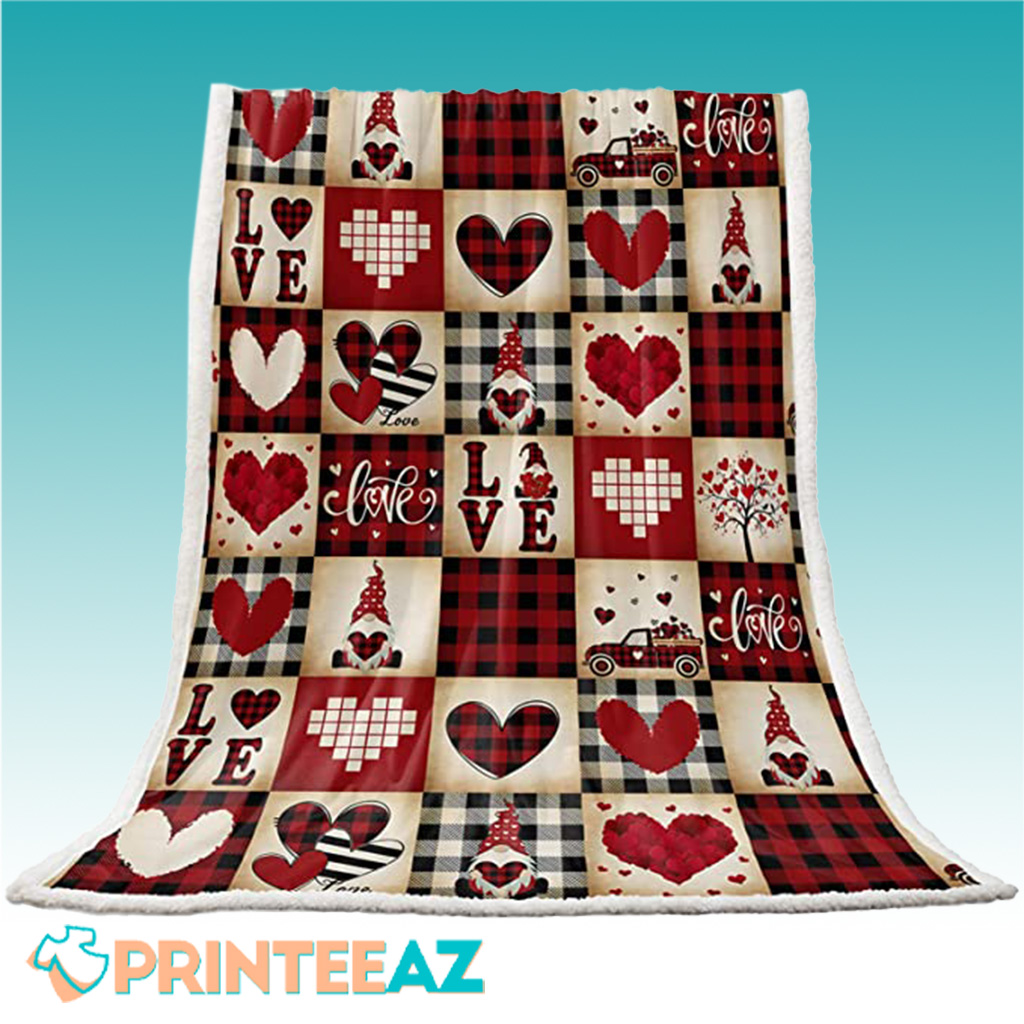 Love Gnome Plaid Valentine Fleece Throw Quilt Blanket, Black, Red With Hearts - PrinteeAZ