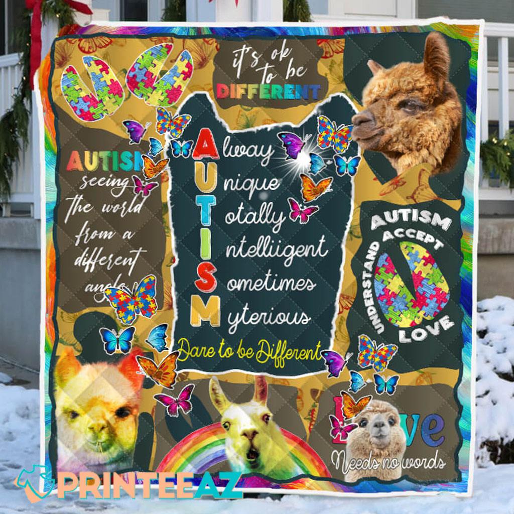 Love Needs No Words Autism Awareness Fleece Throw Quilt Blanket With Llama Rainbow - PrinteeAZ