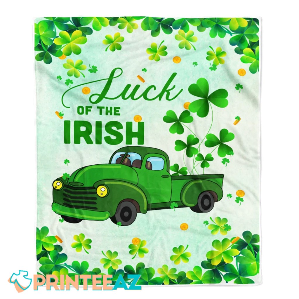 Luck Of Irish St Patrick_s Day Fleece Throw Quilt Blanket Green With Green Truck And Shamrocks - PrinteeAZ