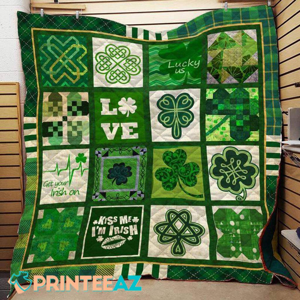 Lucky Us St Patrick_s Day Fleece Throw Quilt Blanket Green With Shamrocks - PrinteeAZ