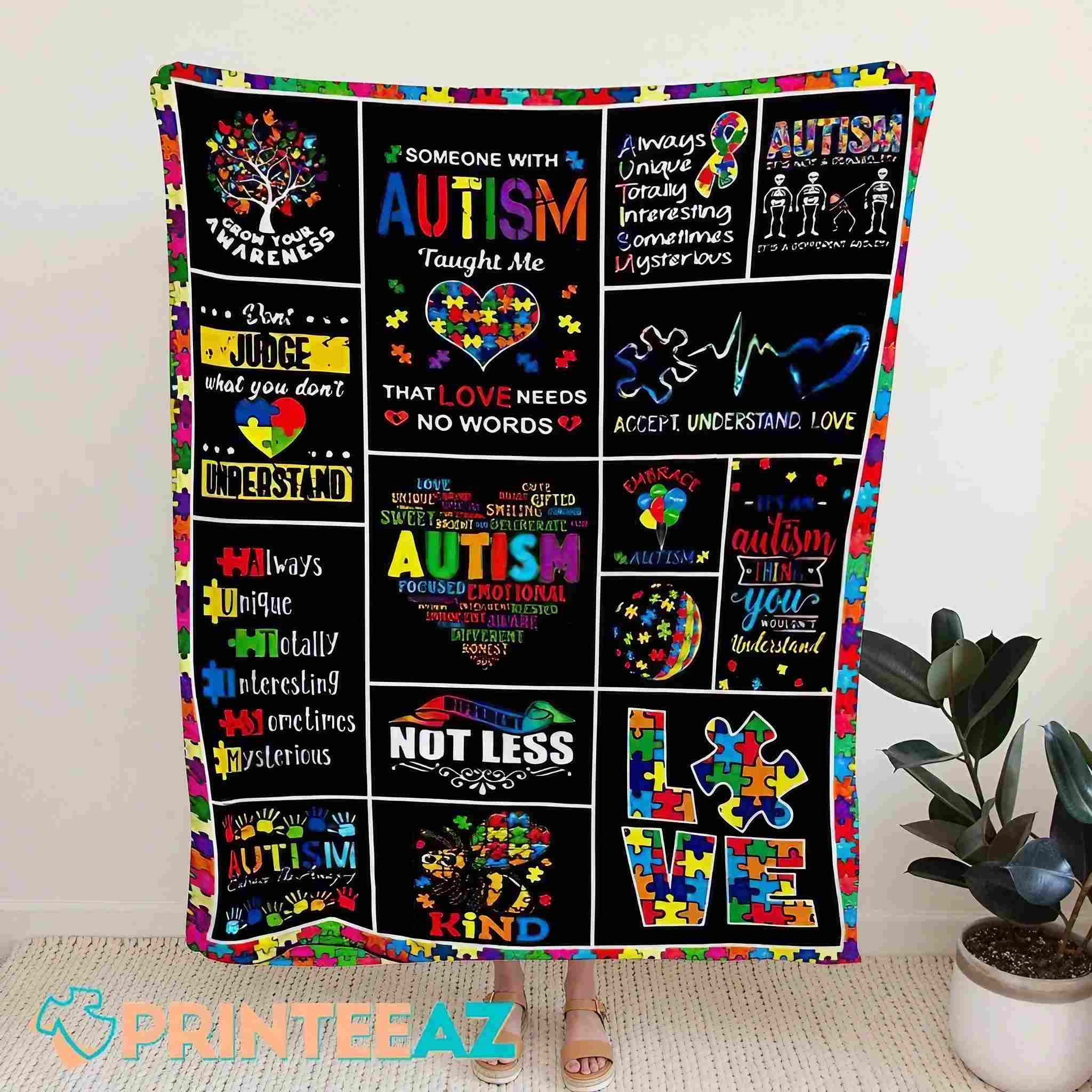 Meaningful Quote Autism Awareness Fleece Throw Quilt Blanket With Puzzles - PrinteeAZ