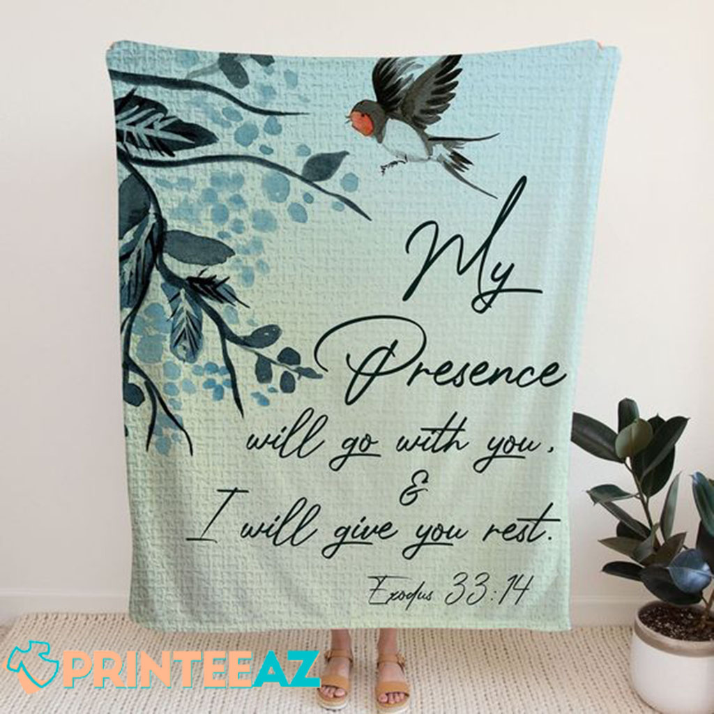 My Presence Will Go With You Fleece Throw Quilt Blanket Blue With Bird And Trees - PrinteeAZ