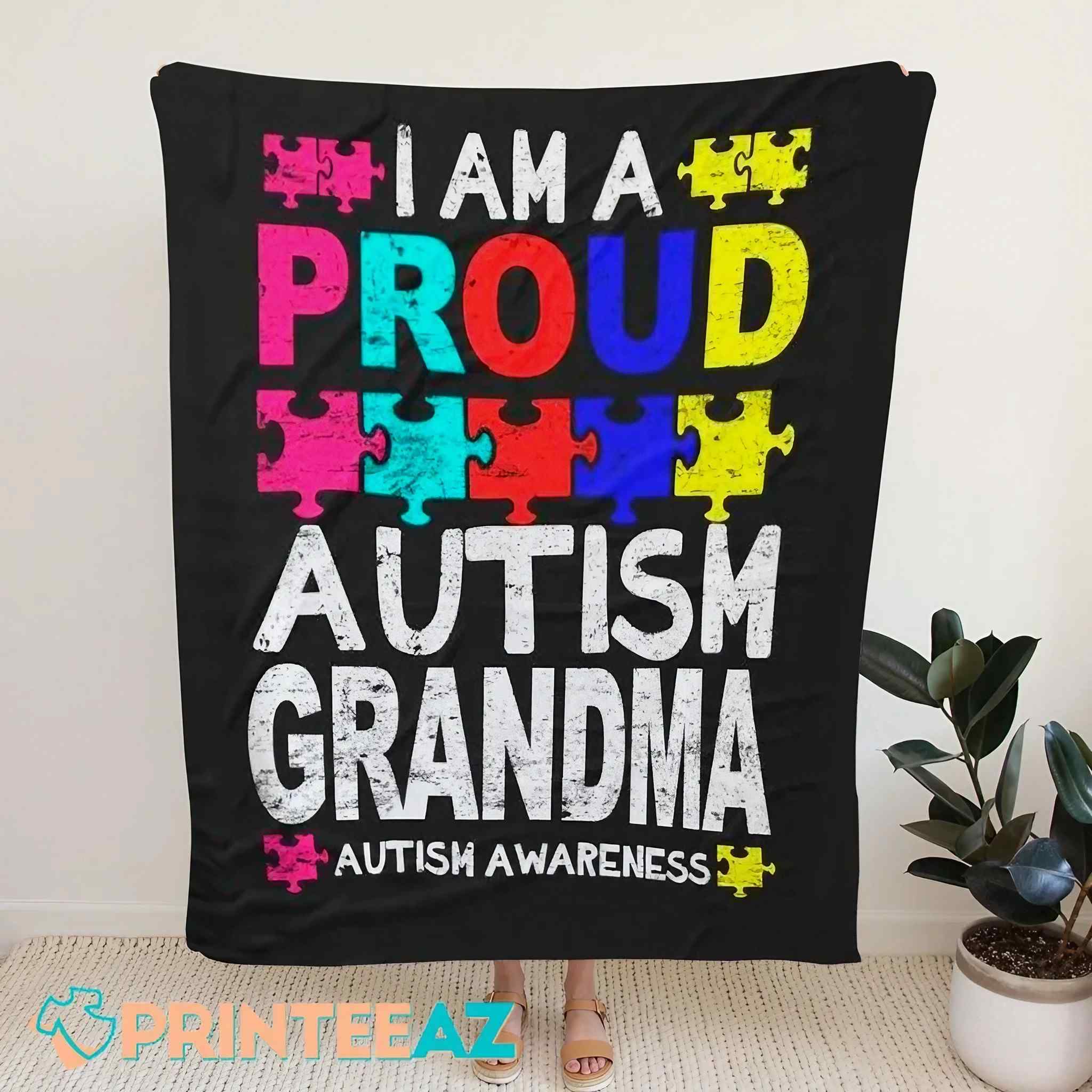 Proud Autism Grandma Awareness Fleece Throw Quilt Blanket With Puzzles - PrinteeAZ