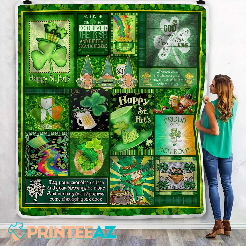 Proud Of My Irish Roots St Patrick_s Day Fleece Throw Quilt Blanket Green With Shamrocks, Gnomes And Leprechauns - PrinteeAZ