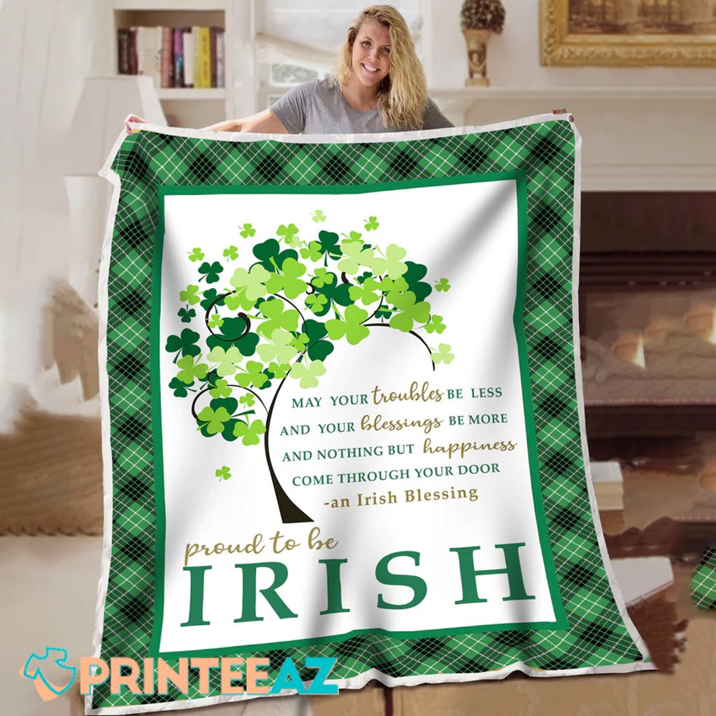 Proud To Be Irish St Patrick_s Day Fleece Throw Quilt Blanket White With Green Buffalo Plaid And Shamrocks - PrinteeAZ