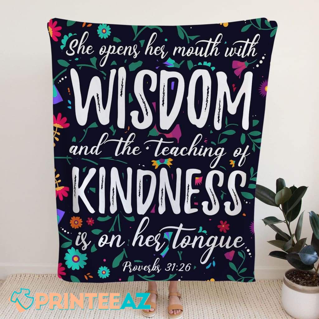 Proverbs 31-26 She Opens Her Mouth With Wisdom Bible Verse Fleece Throw Quilt Blanket With White Text And Flowers - PrinteeAZ