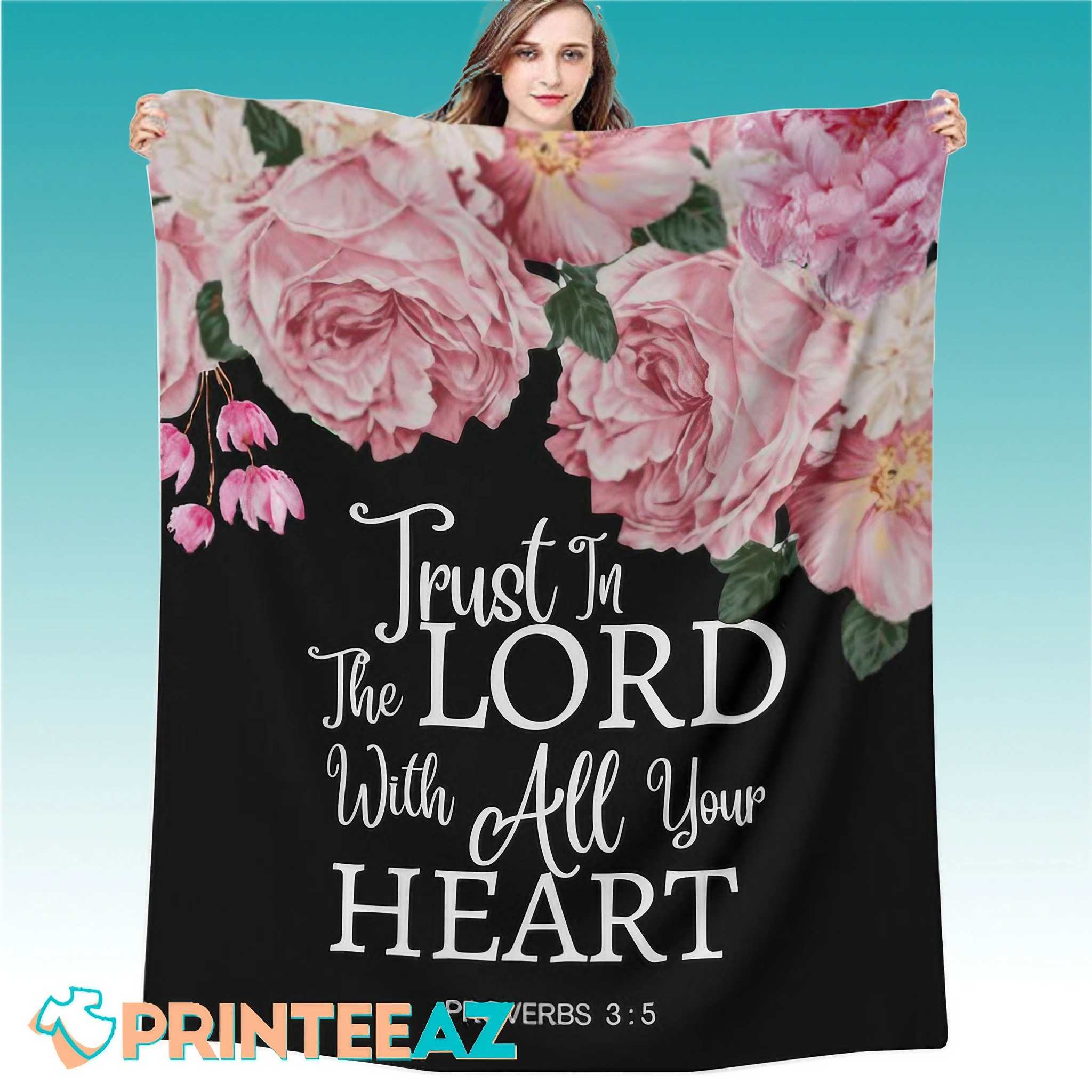 Proverbs 3-5 Bible Verse Fleece Throw Quilt Blanket With Black Background, White Text And Flowers - PrinteeAZ