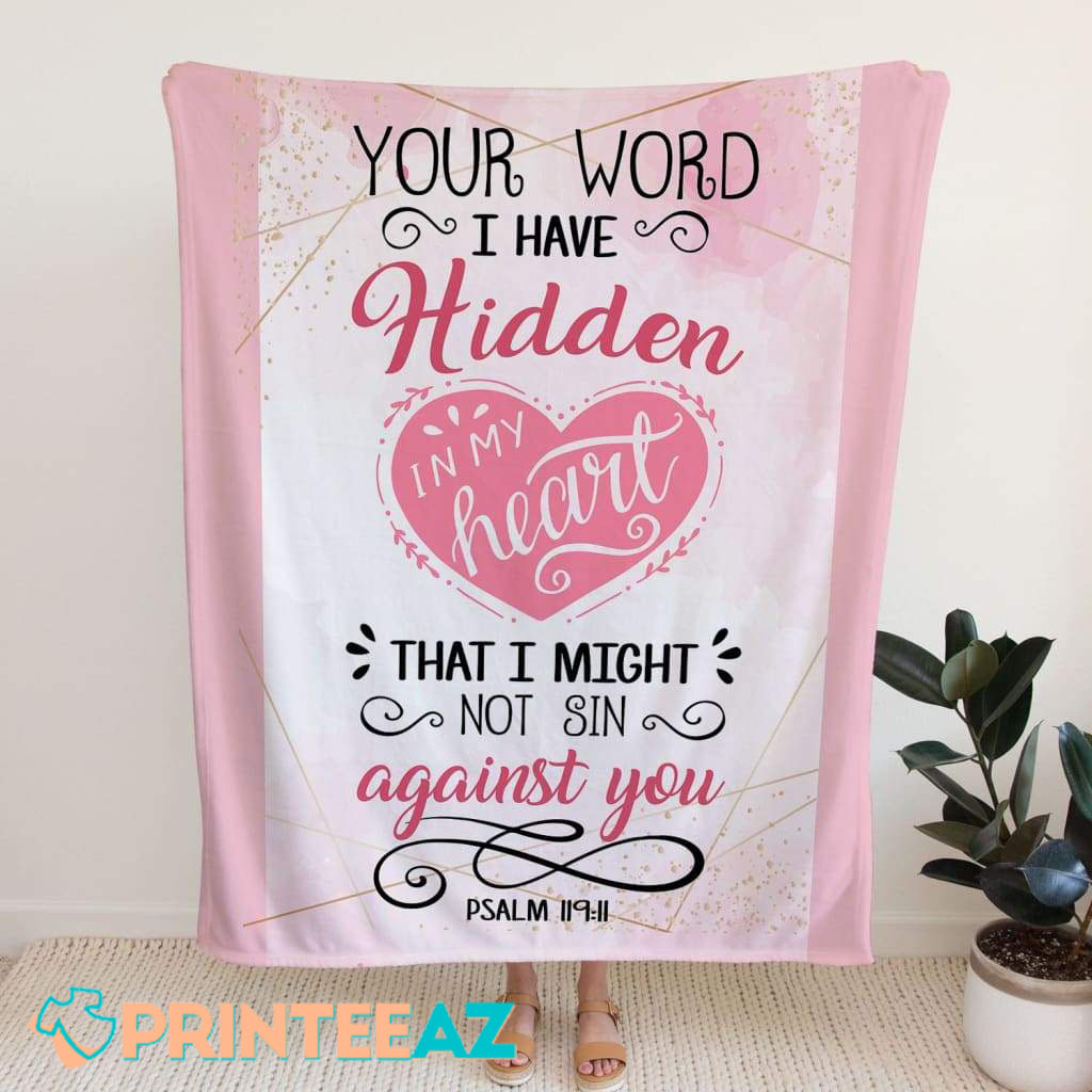 Psalm 119-11 Your Word I Have Hidden In My Heart Bible Verse Fleece Throw Quilt Blanket With Heart, Red And Black Text - PrinteeAZ